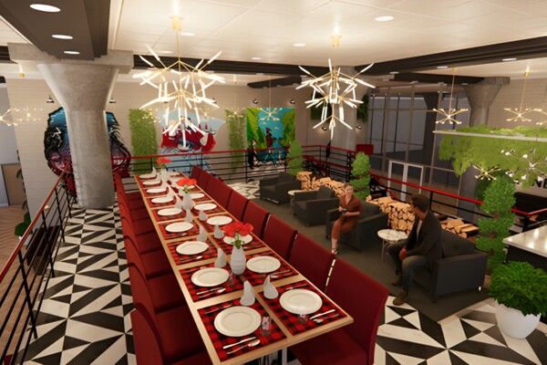 Image depicts interior architecture rendering of proposed restaurant design, Neo + North.